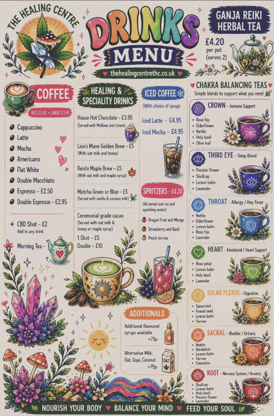 The Healing Centre drinks menu